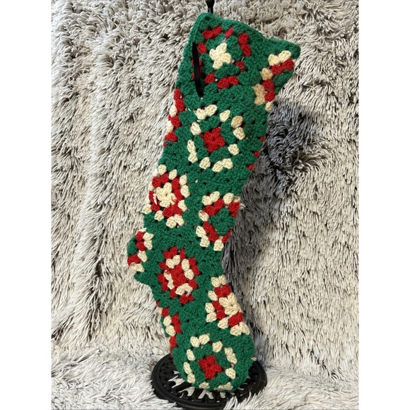 Crocheted‎ Granny Square 21" Christmas Stocking Green, White and Red Vintage - Picture 1 of 6